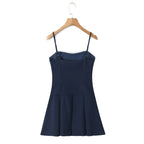 Lace Patchwork Sling Mini Dress For Women Sexy Low Waist Pleated Hem A-line