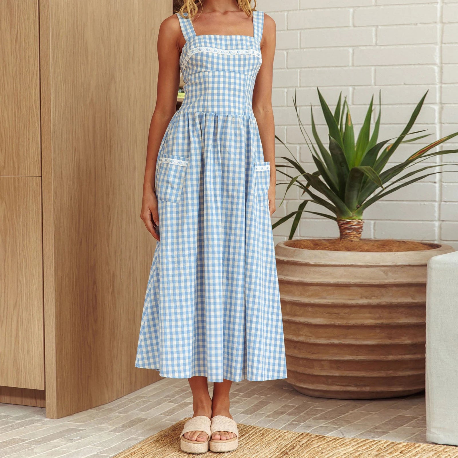 Gingham Maxi Dress With Wide Straps For Cottagecore Summer