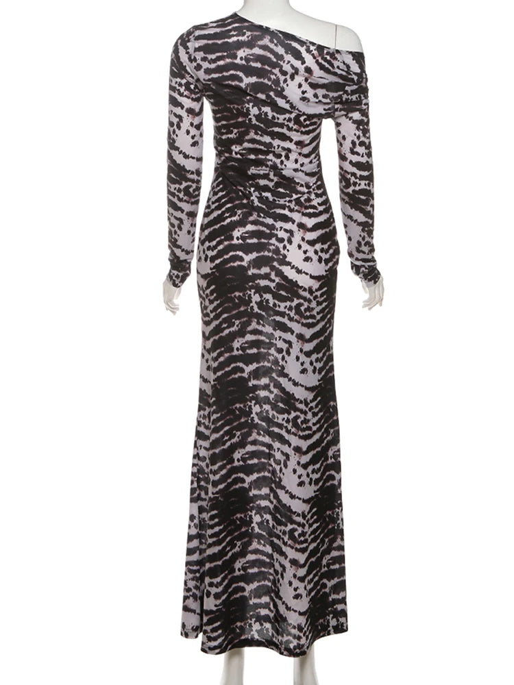 Patchwork Long Dress With Asymmetric Shoulder And Slim Stretch