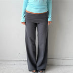 Soft Wide Leg Trousers With Fold Over Waist Solid Color Casual Bottoms