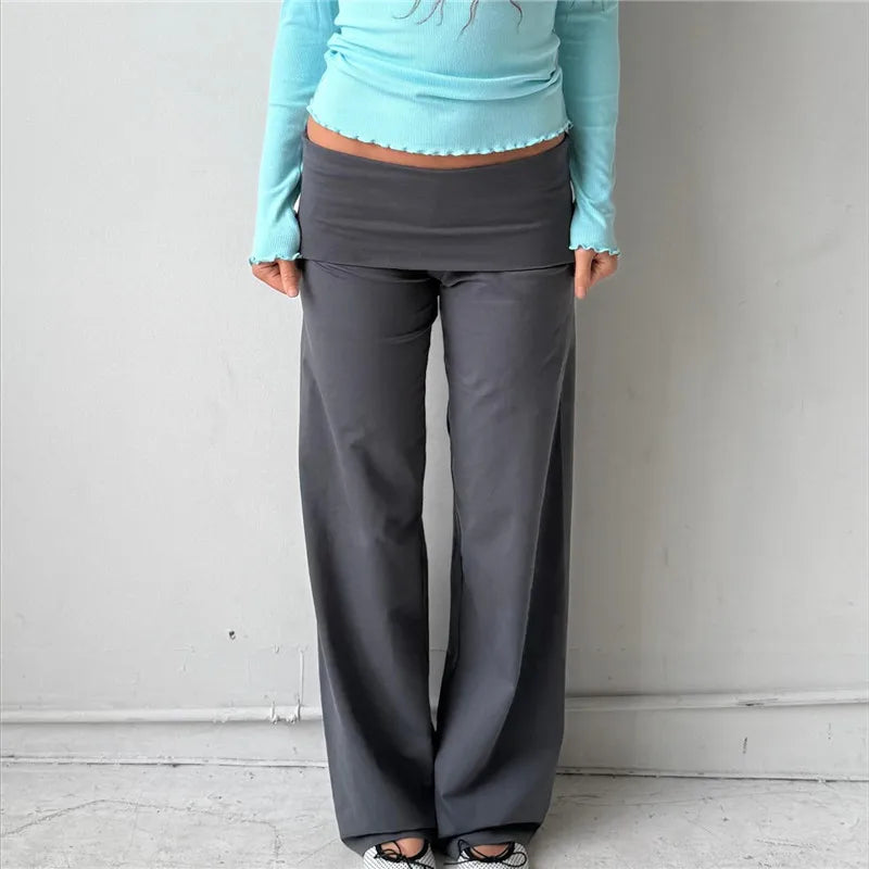 Soft Wide Leg Trousers With Fold Over Waist Solid Color Casual Bottoms