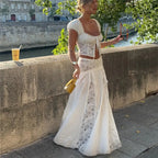 Women Two Piece Set White Lace Patchwork Off Shoulder Short Sleeve Crop Top With Long Skirt