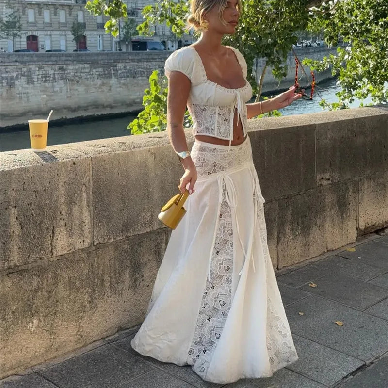 Women Two Piece Set White Lace Patchwork Off Shoulder Short Sleeve Crop Top With Long Skirt