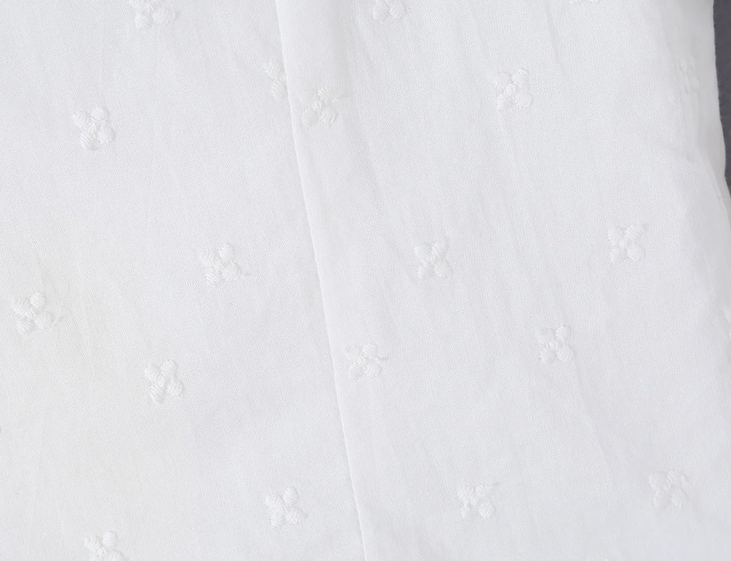 Sweet White Embroidered Floral Crop Shirt With V Neck Puff Sleeves And Ruffle Hem Slim Fit