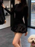 Black Long Sleeve Dress With High Collar And Puffy Silhouette