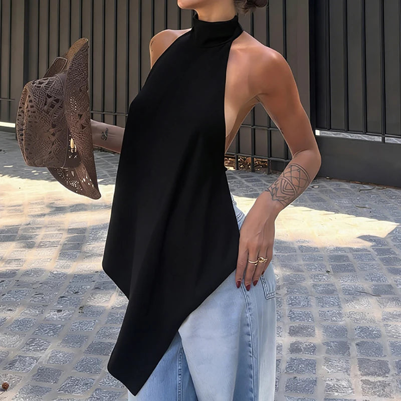 Backless Hollow Out Halter Tank Top With Pleated Detail