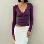 Romantic Purple Lace Patchwork Knit Top With Elegant V Neck