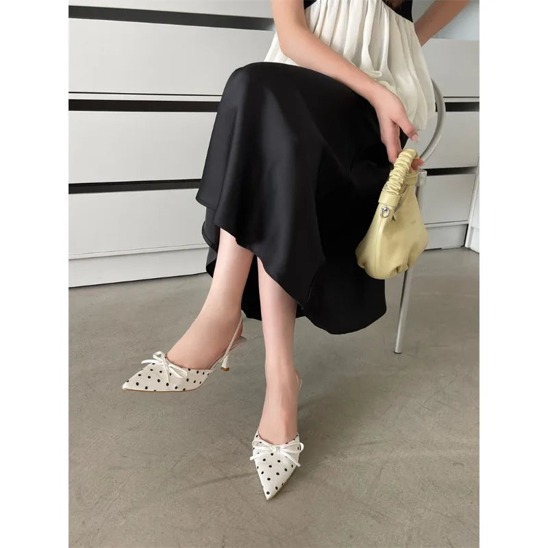 Satin Butterfly Polka Dot Pointed Toe Mules For Women Low Heel Pumps