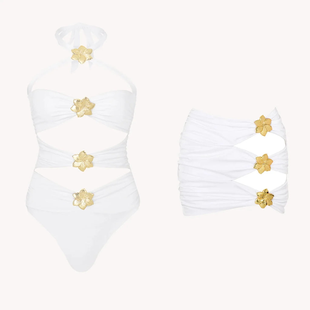 Off Shoulder Patchwork Belted One Piece Swimsuit With Cover Up for Beachside