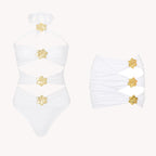 Off Shoulder Patchwork Belted One Piece Swimsuit With Cover Up for Beachside