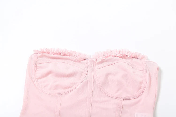 See Through Patchwork Strapless Top With Fishbone Detail Backless Fashion