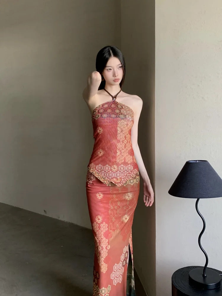 Vintage Reversible Two Piece Halter Neck Top And Long Skirt Set