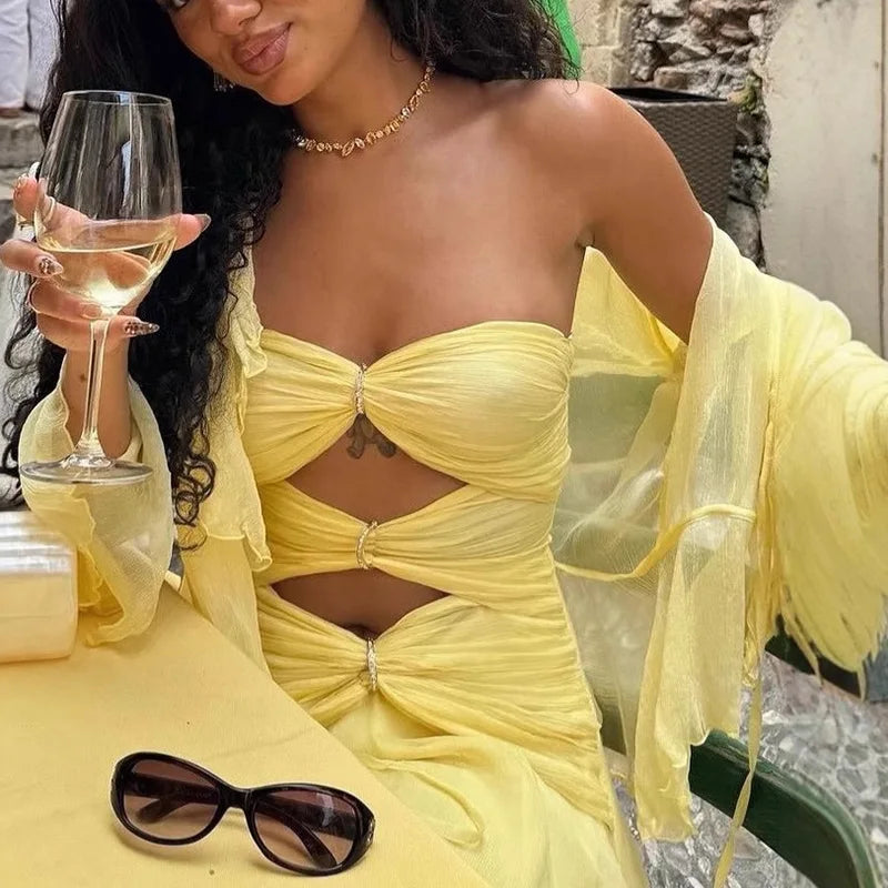 Pleated Strapless Mini Dress Hollow Backless