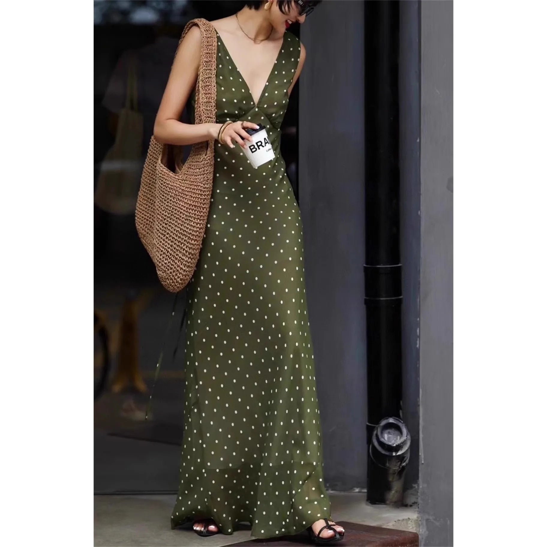 Polka Dot Chiffon V Neck Dress For Women