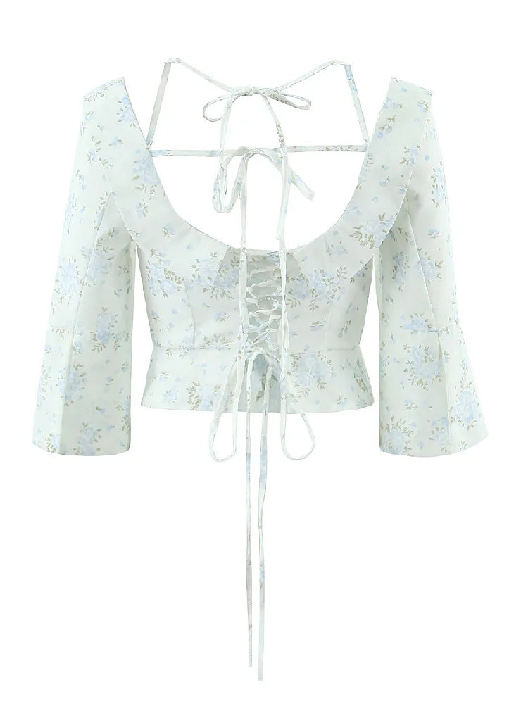 Floral Corset Style Crop Top With Cross Lacing And Ruffle Square Collar Three Quarter Sleeve