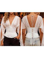 Satin Silk Patchwork V-Neck Tops Drawstring Backless Corset Waist Ruffle