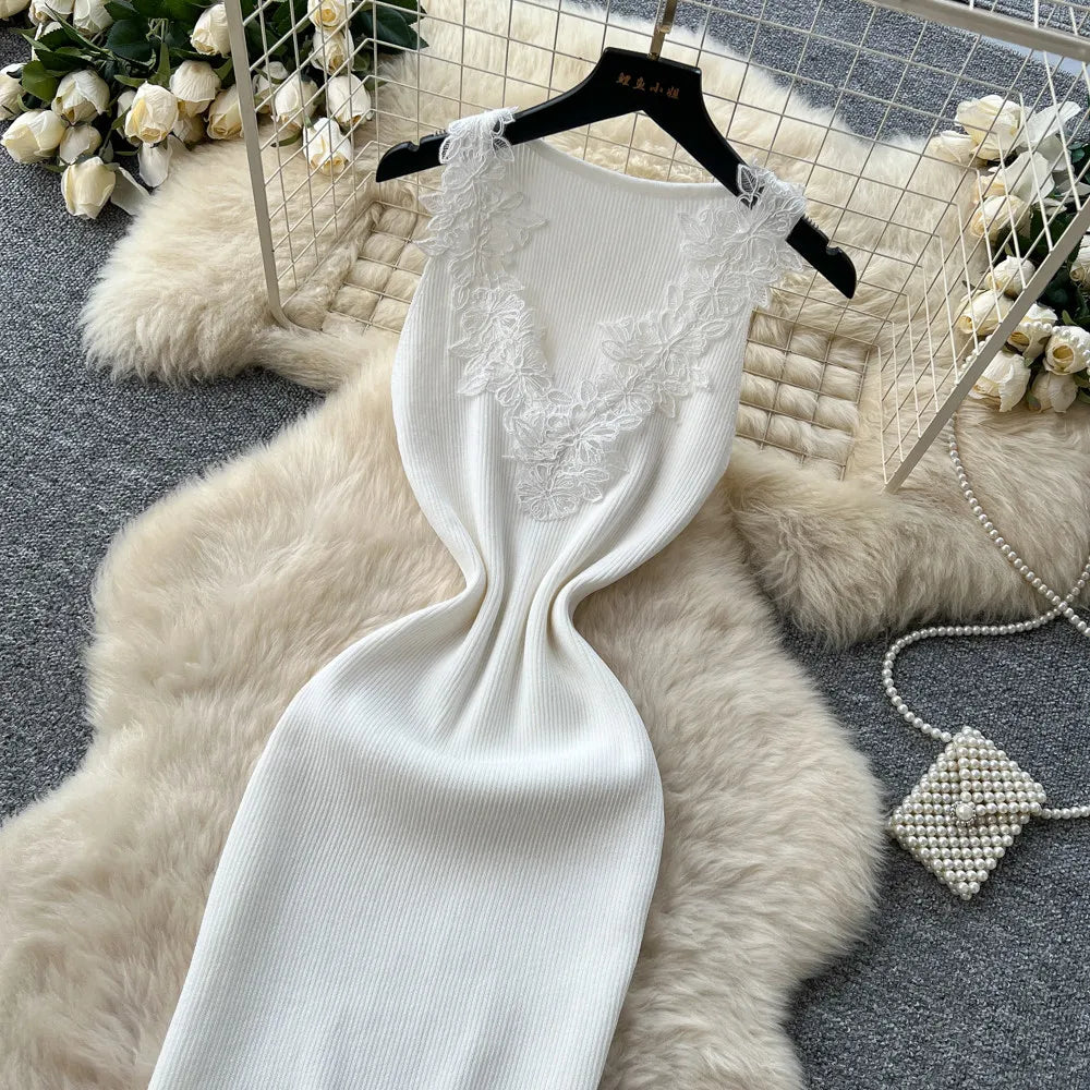 French Style Lace Knit Sleeveless Bodycon Maxi Dress