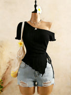 Ribbed One Shoulder Top With Asymmetrical Hem, Drawstring Ruched Detailing
