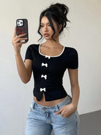 Square Neck Short Crop Top With Bow Black Bodycon Silhouette