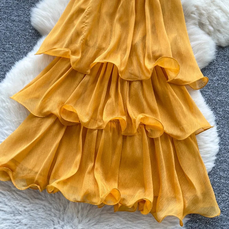 Cascading Ruffles Lace Up Halter Backless Dress