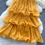 Cascading Ruffles Lace Up Halter Backless Dress