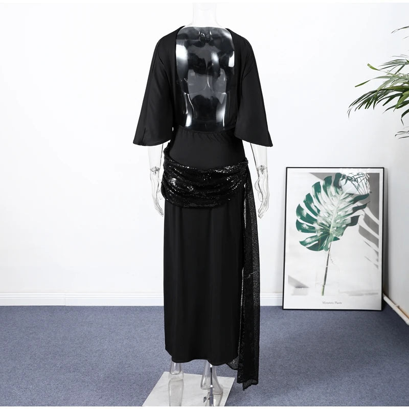 Backless Party Maxi Dress With O Neck Slim Pleated Ribbon Detail
