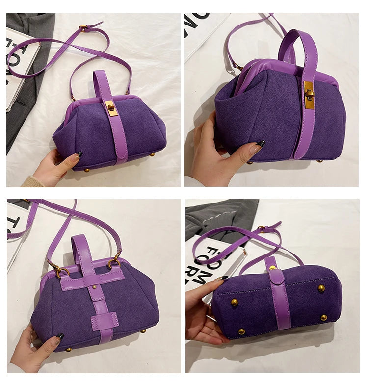Luxe Faux Suede Frame Shoulder Bag With PU Accent Elegant Crossbody