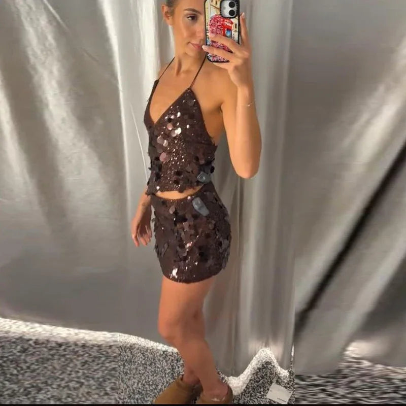 Beaded Sequin Two Piece Set Sleeveless Backless Crop Top And Mini Skirt Glam Outfit