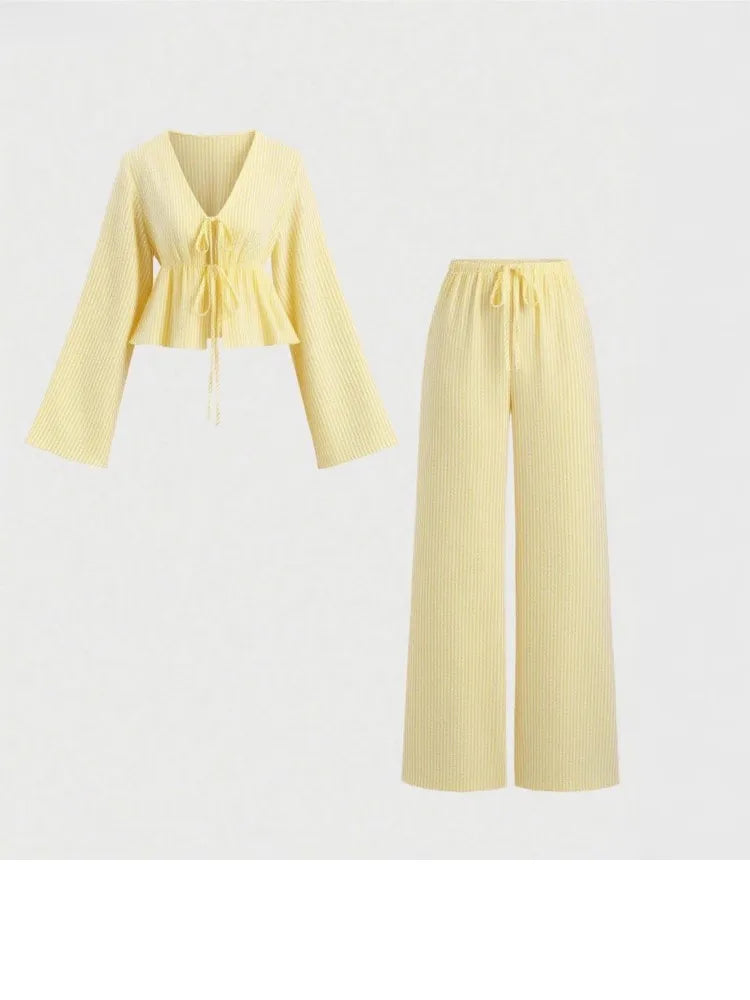 Striped Lace Up Two Piece Set V Neck Top And Elastic Waist Pants