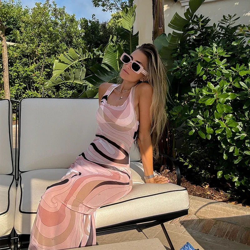 Sheer Mesh Body con Maxi Dress With Print
