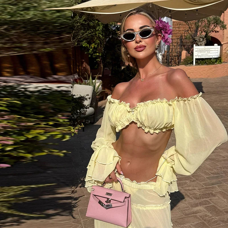 Women Fashion Yellow Off Shoulder Ruffled Two Piece Set Long Sleeve Crop Top Tiered Maxi Skirt