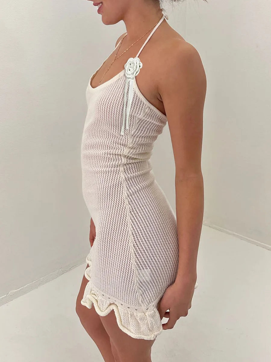 Coquette Flower Trim Bodycon Dress With Halter Tie Up Backless Sleeveless Ruffled Hem Mini