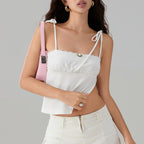 Sweet Open Back Camisole With Shirred Tie Up Spaghetti Straps Lace Trim And Square Neck