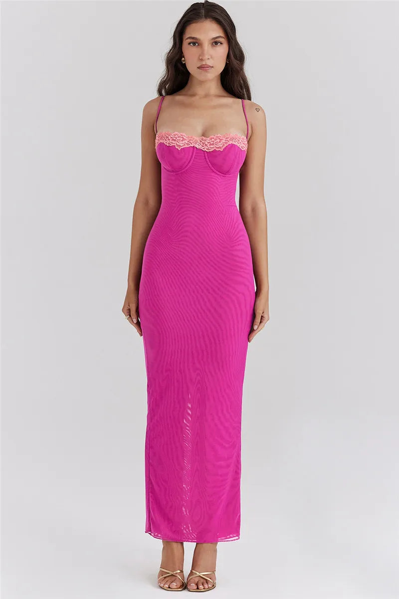 Lace Spaghetti Strap Bodycon Maxi Dress With Patchwork Backless
