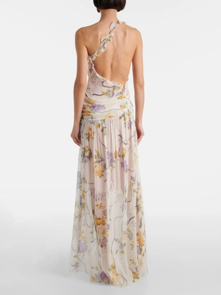 Flirty Floral Printed Off Shoulder Maxi Dress With Backless Detail And Ruffles