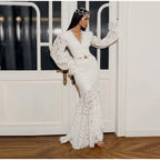 Delicate Lace V-Neck Peplum Top With Flare Sleeves And High Waist Mermaid Hem Elegant Evening Set