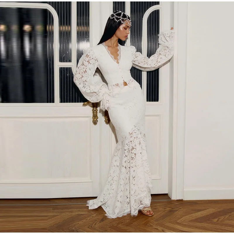Delicate Lace V-Neck Peplum Top With Flare Sleeves And High Waist Mermaid Hem Elegant Evening Set