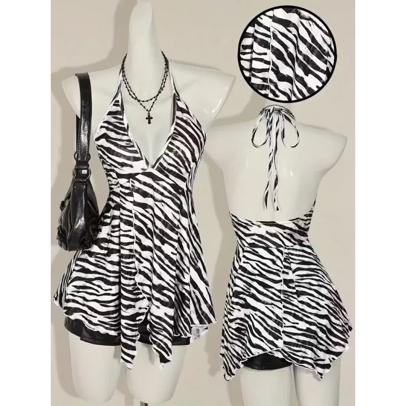 Zebra Print V Neck Backless Halter Top