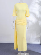 Backless Party Maxi Dress With O Neck Slim Pleated Ribbon Detail