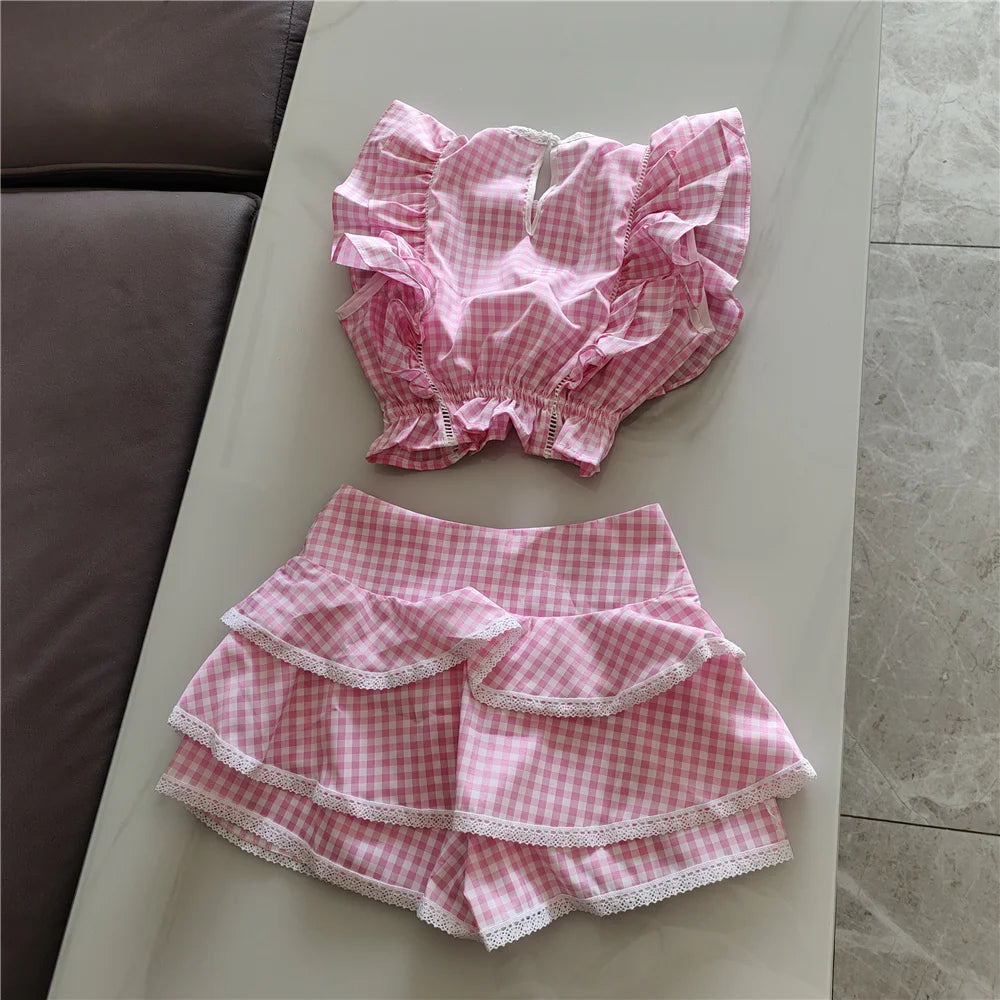 Cotton Plaid Ruffled Top And Shorts Set For Women