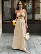 Sea Breeze Striped Deep V Beach Dress With Backless Sleeveless Maxi