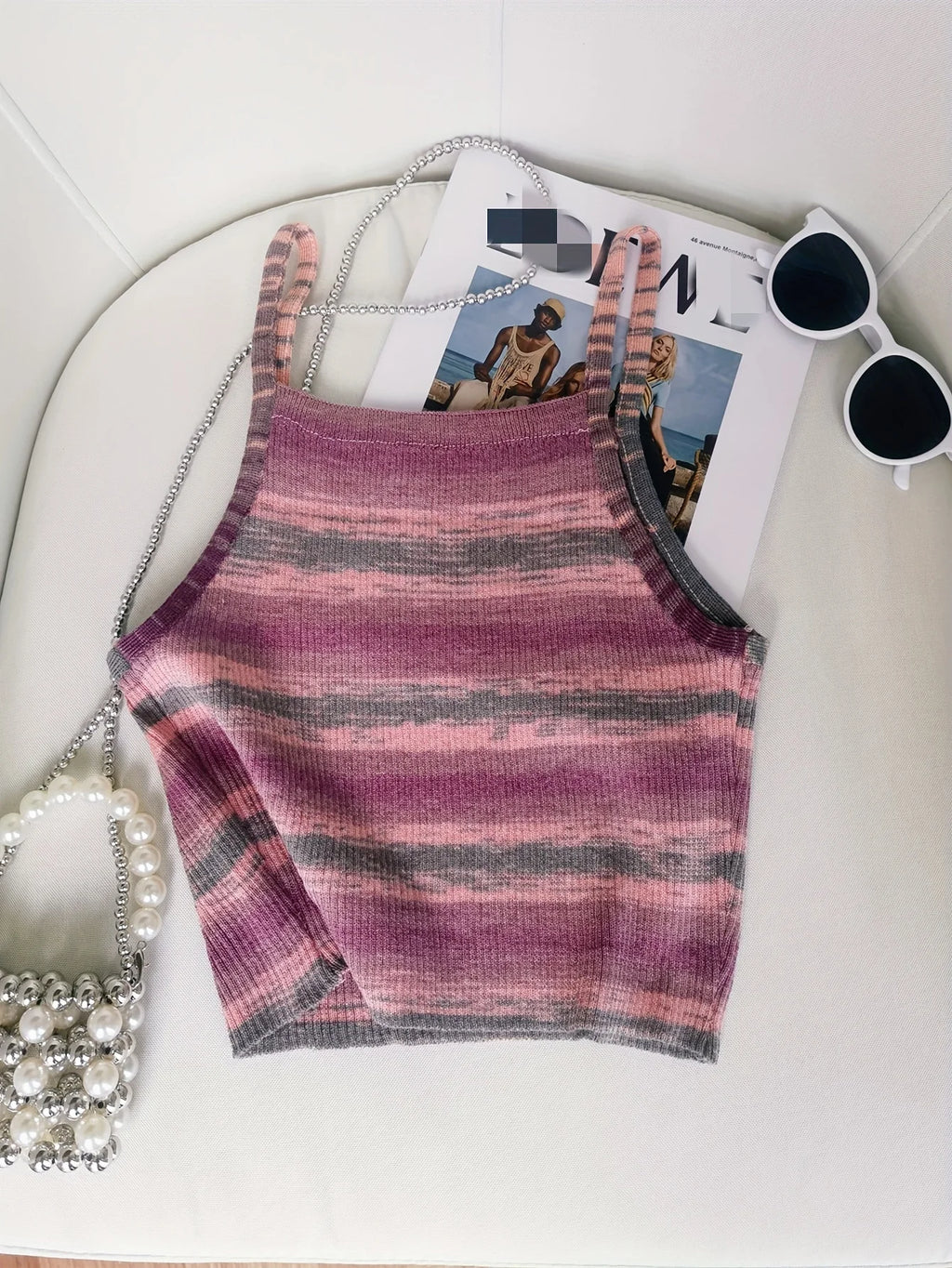 Striped Ribbed Knit Cami Top With Square Neck Sleeveless Rainbow Crop