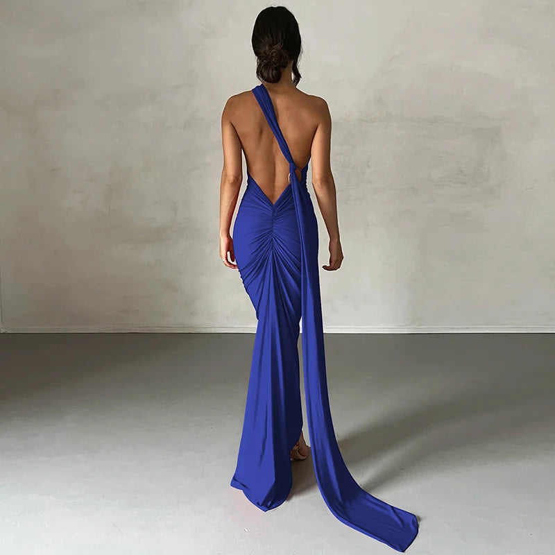 One Shoulder Backless Ruched Dress