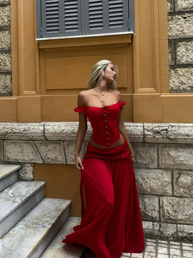 Boho Corset Two Piece Set With Lace Crop Top And Flowy Maxi Skirt