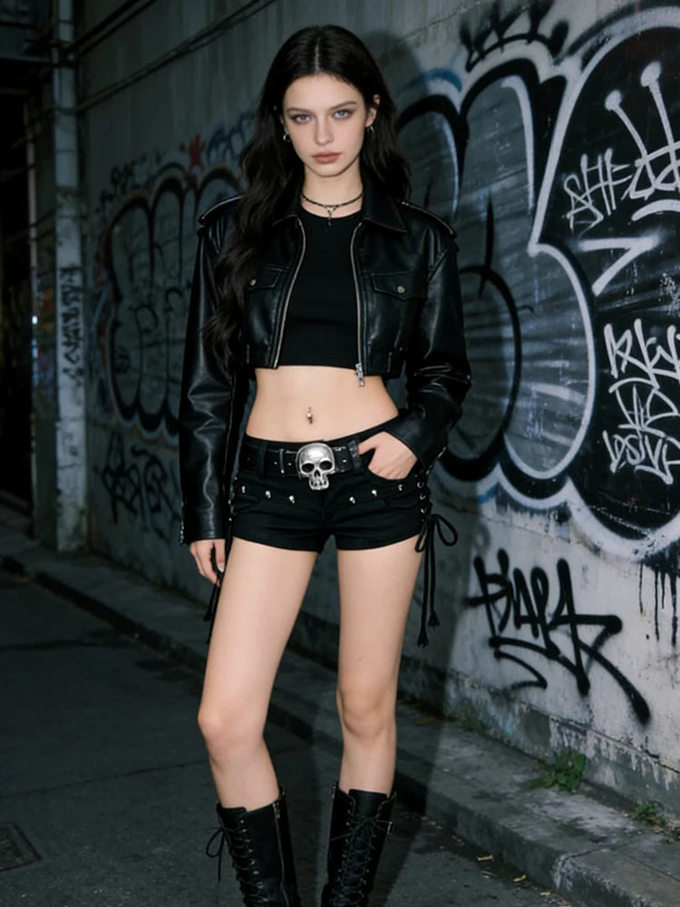 Black Gothic Denim Shorts With Vintage Aesthetic Low Waist