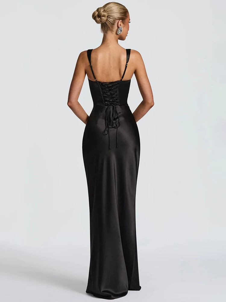 Elegant Satin Backless Halter Off-Shoulder Maxi Dress