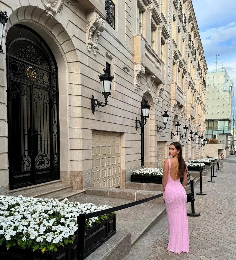 Backless Knit Maxi Dress With V Neck Sleeveles Long Gown