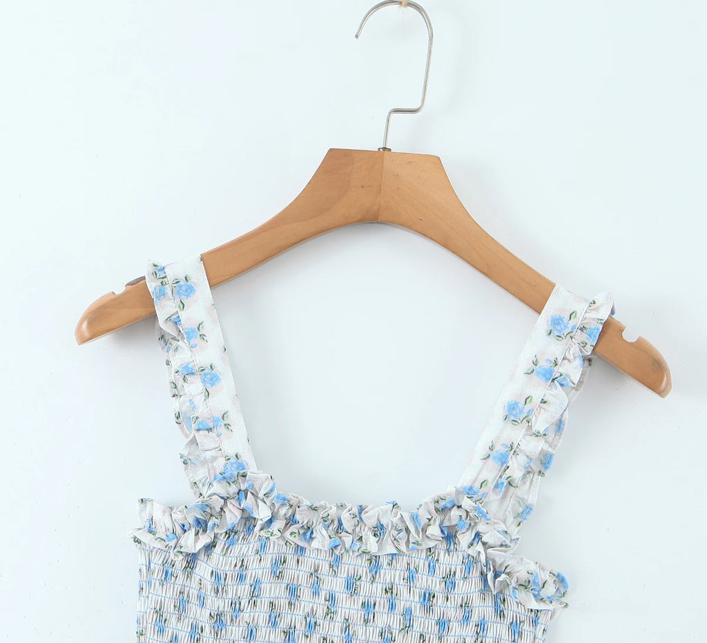 Flower Print Corset Ruched Elastic Body Sling Mini Square Collar Ruffles Hem Dress