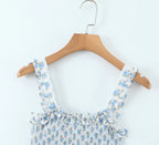 Flower Print Corset Ruched Elastic Body Sling Mini Square Collar Ruffles Hem Dress