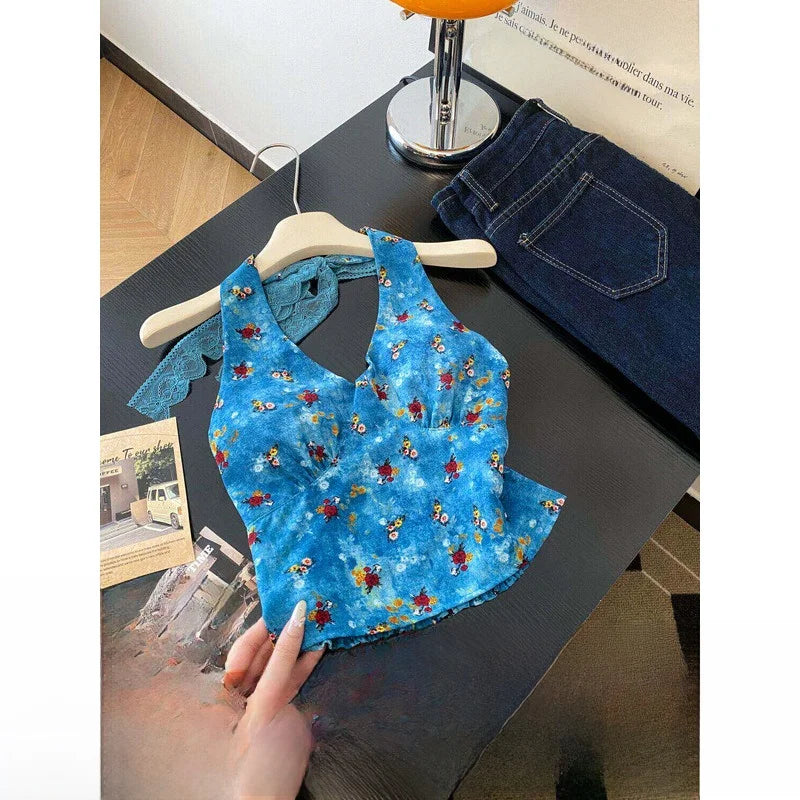 Retro Floral V Neck Halter Top